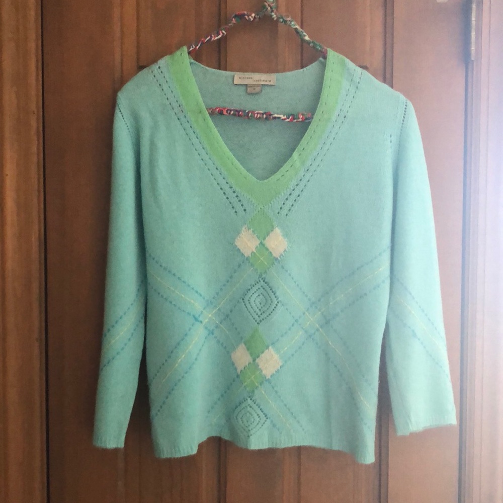 Cashmere V-neck sweater, light blue & green with argyle-type pattern, M